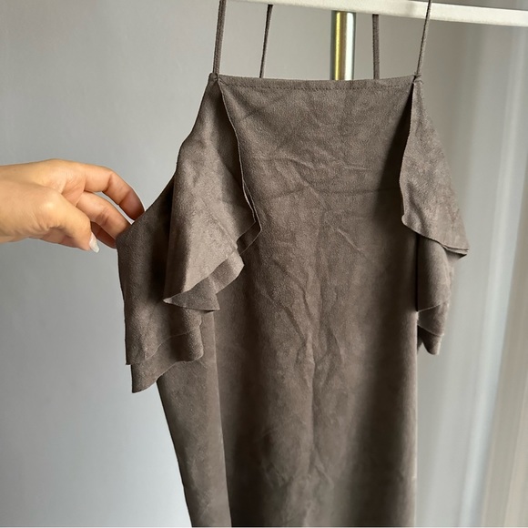 ZARA Faux Suede Side Slits Ruffle Strappy Mini Slip Dress in Stone Gray - Picture 4 of 7
